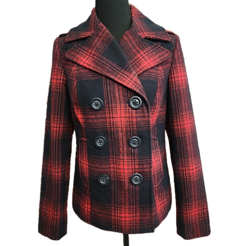 Old Navy Red Plaid Wool Pea‎ Coat Juniors S Jacket Buffalo Check Evermore Preppy